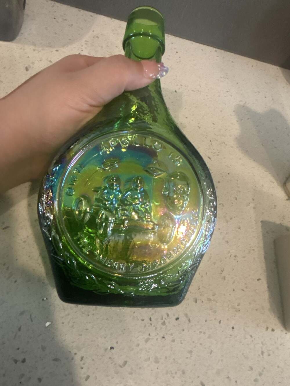 Vintage Wheaton Green Carnival Glass Apollo 15 Commemorative Decanter Bottle